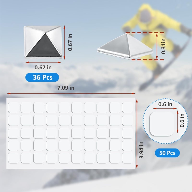 Voccos 36Pcs Snowboard Stomp Pad Pyramid Studs Anti Slip Metal Stomp Pad Snowboard Step Pad Snowboard Foot Grip Self Adhesive Snow Board Mat Provides Extra Grip for Men Women Winter Snowboarding Ski Skiing - Image 2